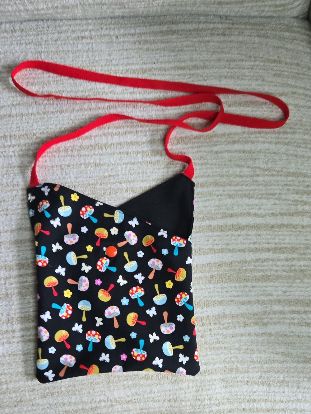 Kids Black Mushroom Print Crossbody Bag with Red Strap